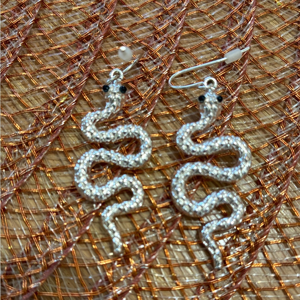 Silver Snake Earrings Black Crystal Eyes - Picture 2 of 3